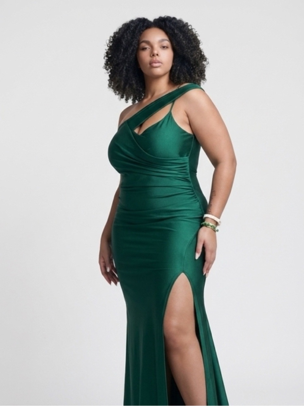 Fashion Nova Emerald One-Shoulder Slit Gown